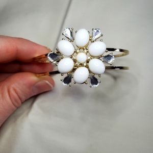 White Crystal Flower Hinge Cuff Gold Bangle Bracelet